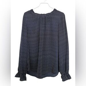 Adrianna Papell polka dot navy white long sleeve ruffle flounce blouse- size L
